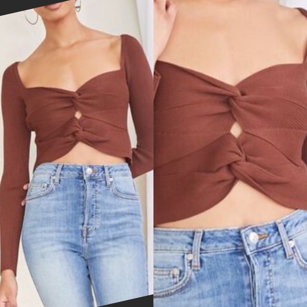 Brown double twist knot sweetheart neckline cropped knit ribbed luxe crop top S